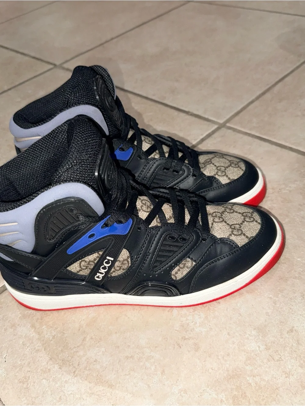 Gucci Black and Red GG High-Top Sneakers with Blue Trim